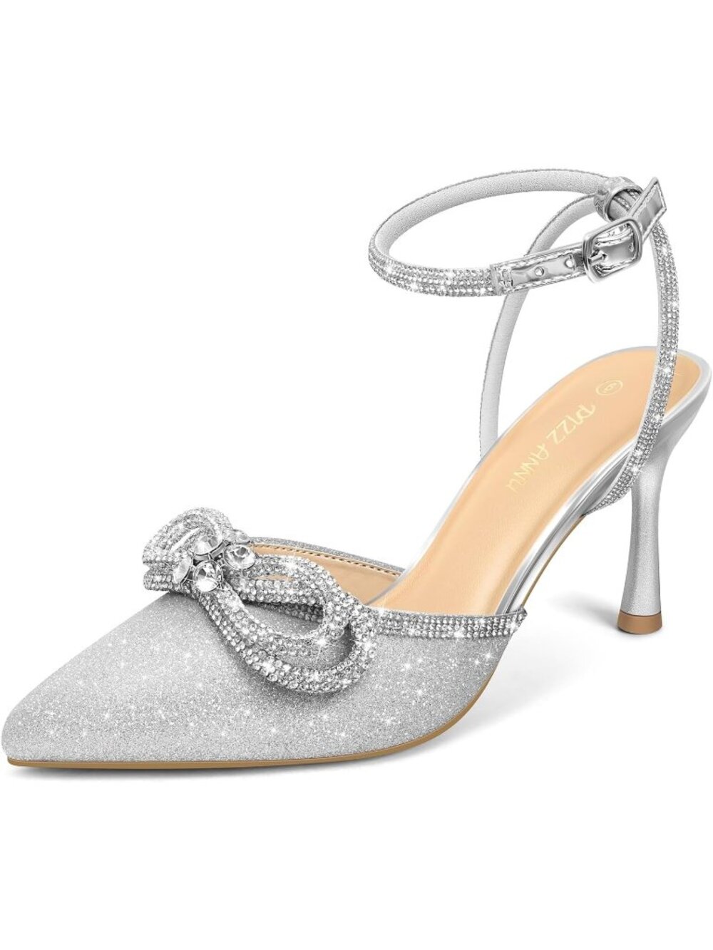 Women's High Heel Stiletto Pumps Silver Bow Closed Toe Sparkly Rhinestones Ankle